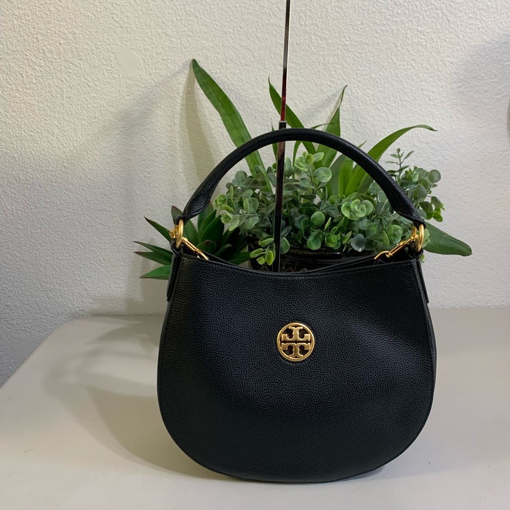 Tory Burch Black Pebbled Leather Hobo with Gold Logo - Picture 11 of 14